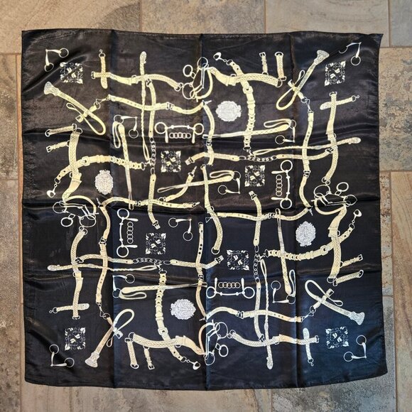 Large Square Scarf Black with Gold "Strap " Pattern Satiny Finish Neutral Tones - Picture 1 of 6